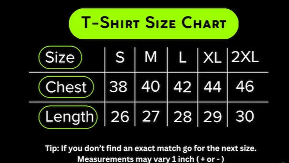 T-shirt size chart with measurements on a black background