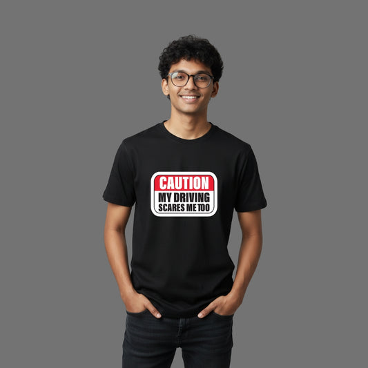 Funny Caution Driver Tee | Relatable Black T-Shirt for Bad Drivers